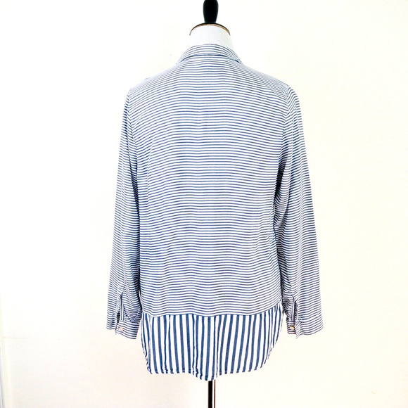 J Jill Size L Woven Rayon Button Down Shirt Contrast Stripe Blue White - Picture 4 of 9